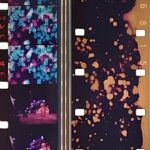 A color photo of two side-by-side strips of 16mm film. The one on the left has frames with colorful abstract forms. The one on the right is negative film that appears to have been contact exposed while splashes with liquid.