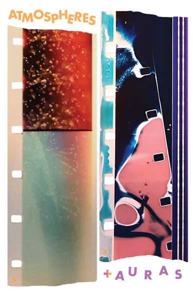 A scan of a printed program cover, depicting five strips of 16mm film laid out vertically. Slightly kilter lettering in between the strips reads: "ATMOSPHERES + AURAS"